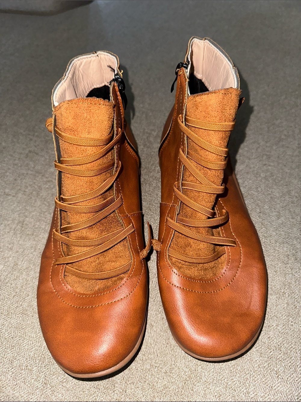 Women's Cognac Lace-Up Ankle Boots - Casual Leather Look